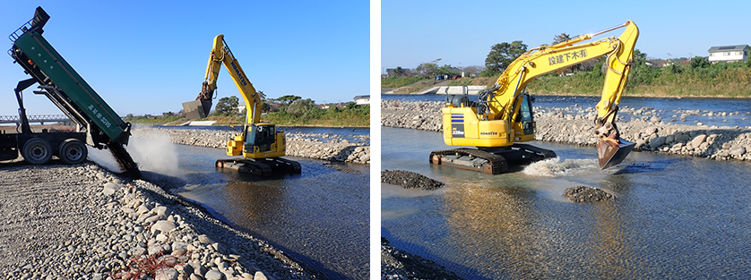 図4　ふるいに掛けた砂利を敷設する奈半利川での産卵場造成